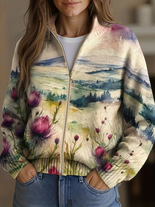 Zelda™ | Schotse Distel Landschap Zip Cardigan