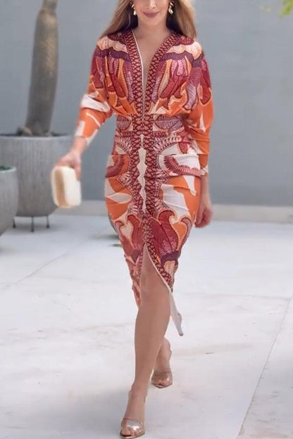 Unieke Print Dolman Lange Mouwen Rimpel Split Midi Jurk