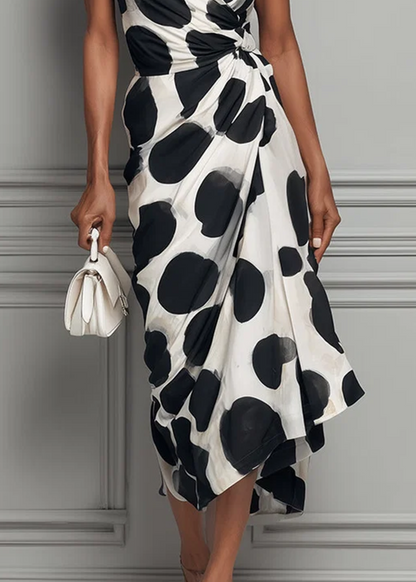 Zwarte Vlek Print V-Hals Midi Jurk met Gecinchde Taille
