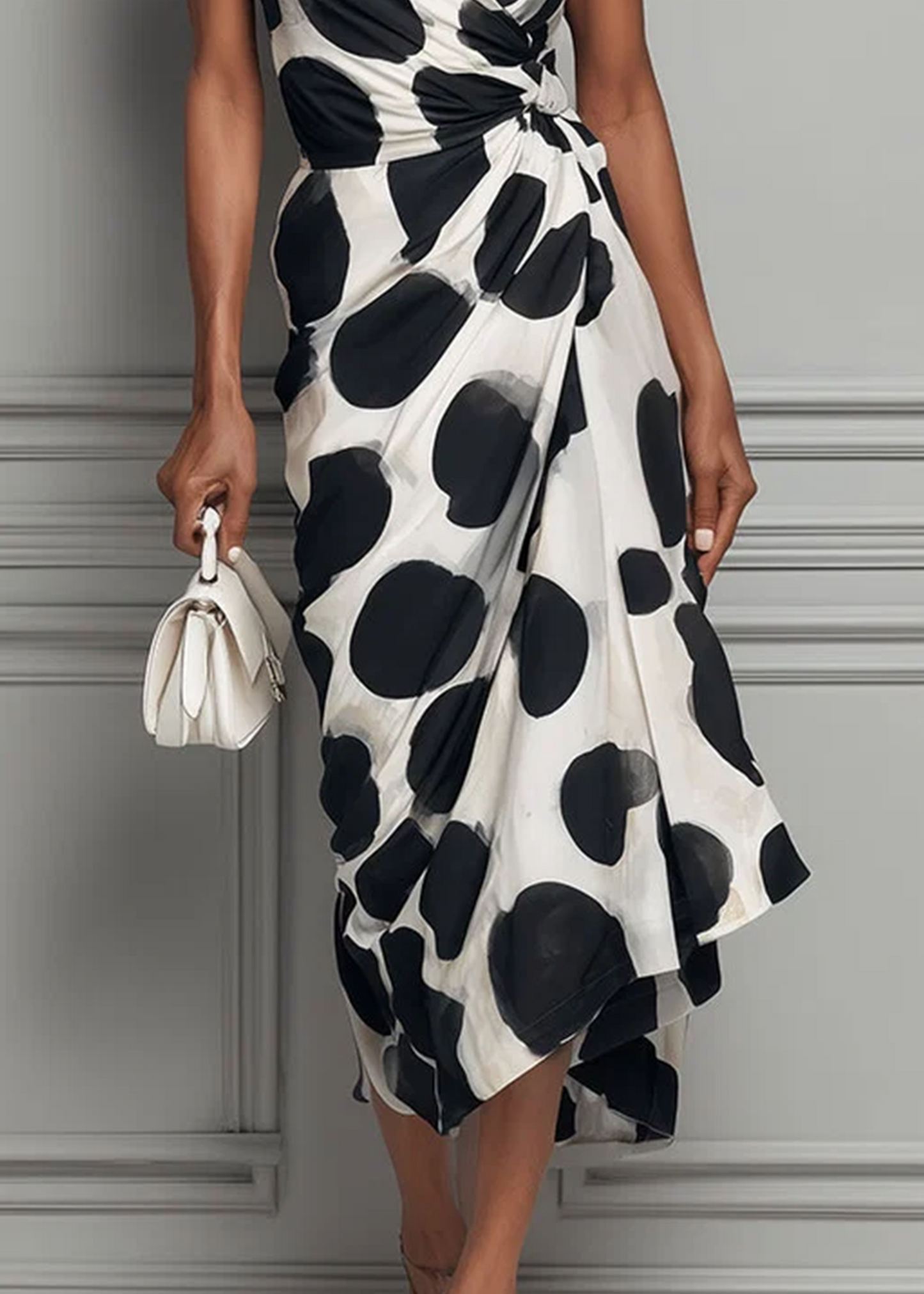 Zwarte Vlek Print V-Hals Ingekorte Taille Midi Jurk
