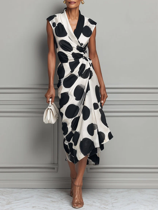Zwarte Vlek Print V-Hals Midi Jurk met Gecinchde Taille
