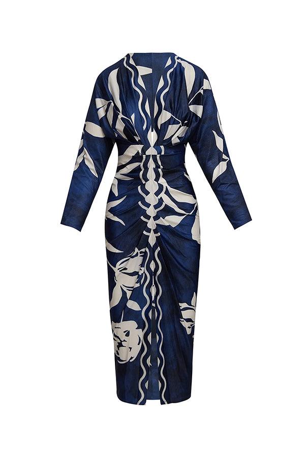 Unieke Print Dolman Lange Mouwen Rimpel Split Midi Jurk
