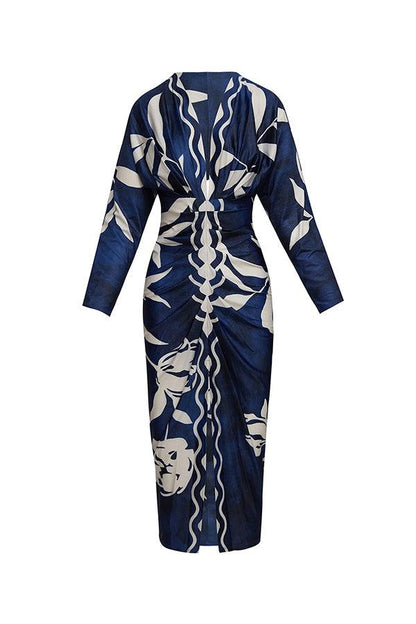 Unieke Print Dolman Lange Mouwen Rimpel Split Midi Jurk