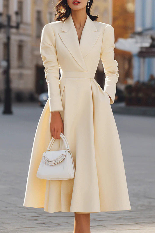 Elegante V-hals Langsleeve Aansluitende Taille Midi Jurk