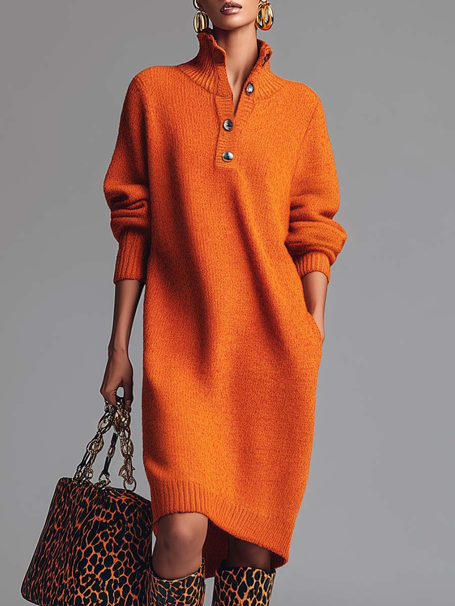 Oranje Colbert Knopen-Voorkant Gebreide Midi Jurk