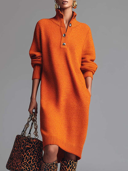 Oranje Colbert Knopen-Voorkant Gebreide Midi Jurk