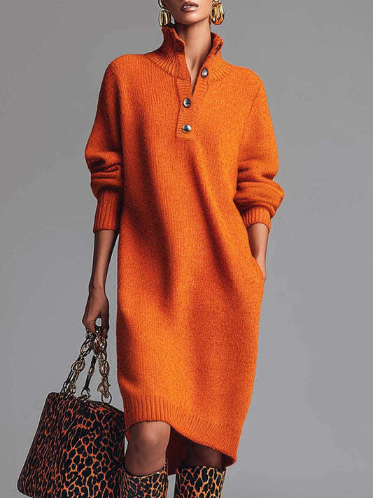 Oranje Colbert Knopen-Voorkant Gebreide Midi Jurk