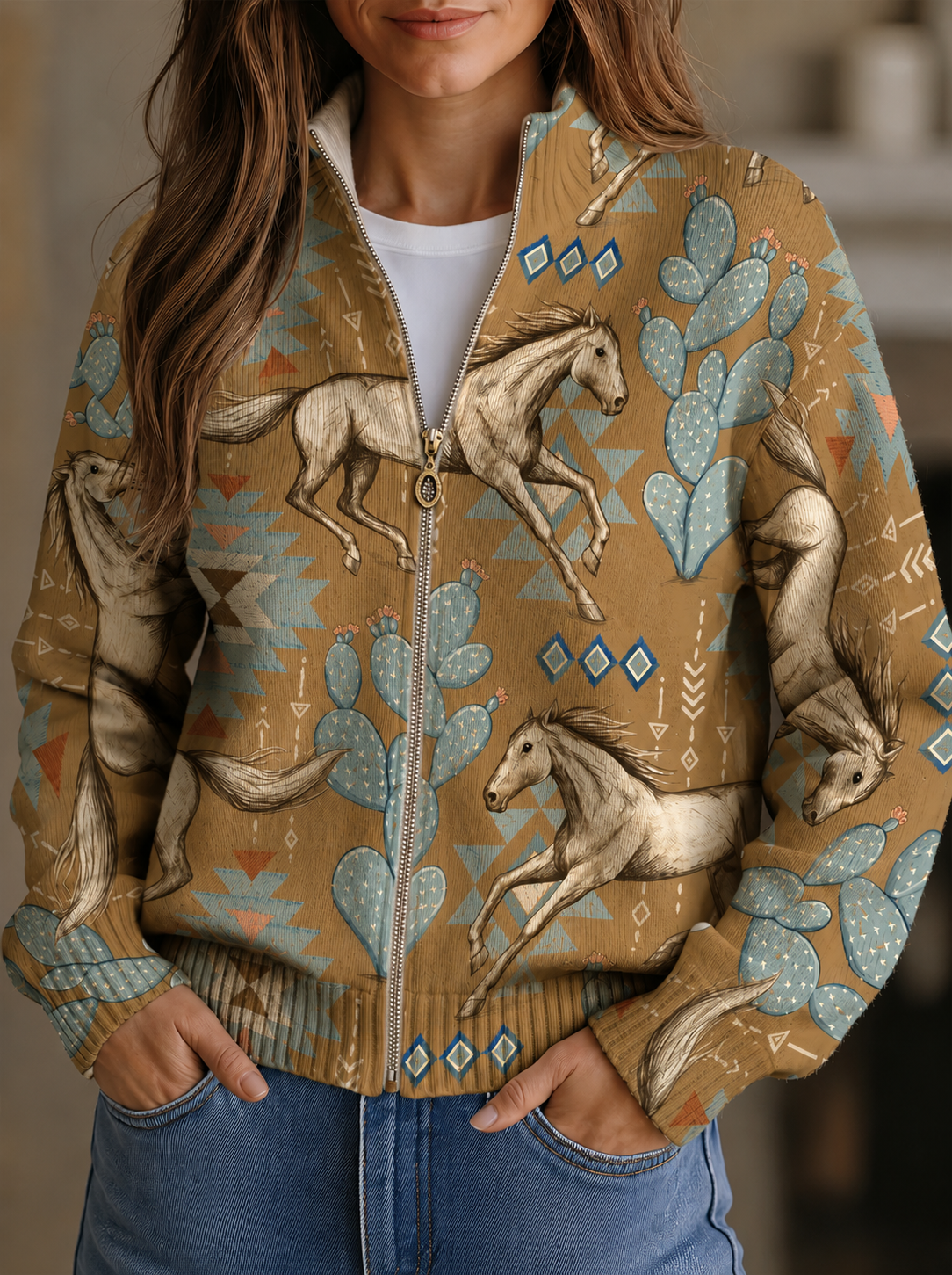 Perpetua™ | Woestijnpaard en Cactus Zip Cardigan