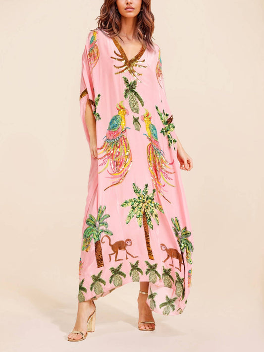 Unieke Jurk met Drop Shoulder Mouwen en Kokosnootboomprint