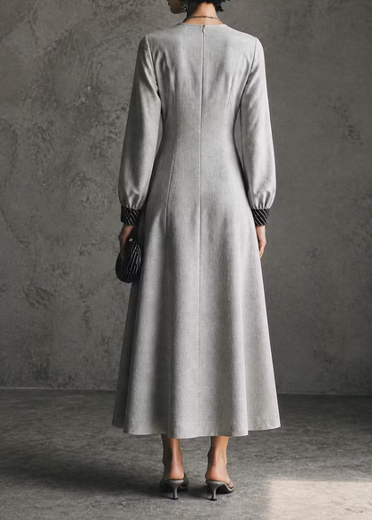 Grijze Geprinte Lange Mouw Casual Midi Jurk