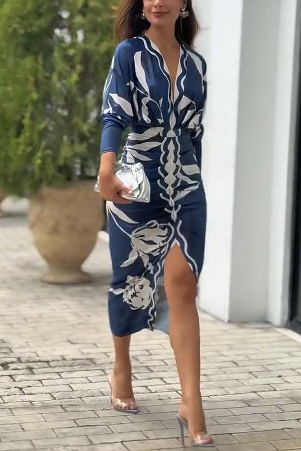 Unieke Print Dolman Lange Mouwen Rimpel Split Midi Jurk