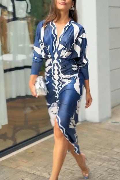 Unieke Print Dolman Lange Mouwen Rimpel Split Midi Jurk
