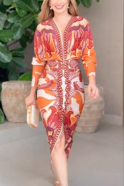 Unieke Print Dolman Lange Mouwen Rimpel Split Midi Jurk