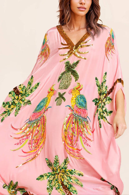Unieke Jurk met Drop Shoulder Mouwen en Kokosnootboomprint