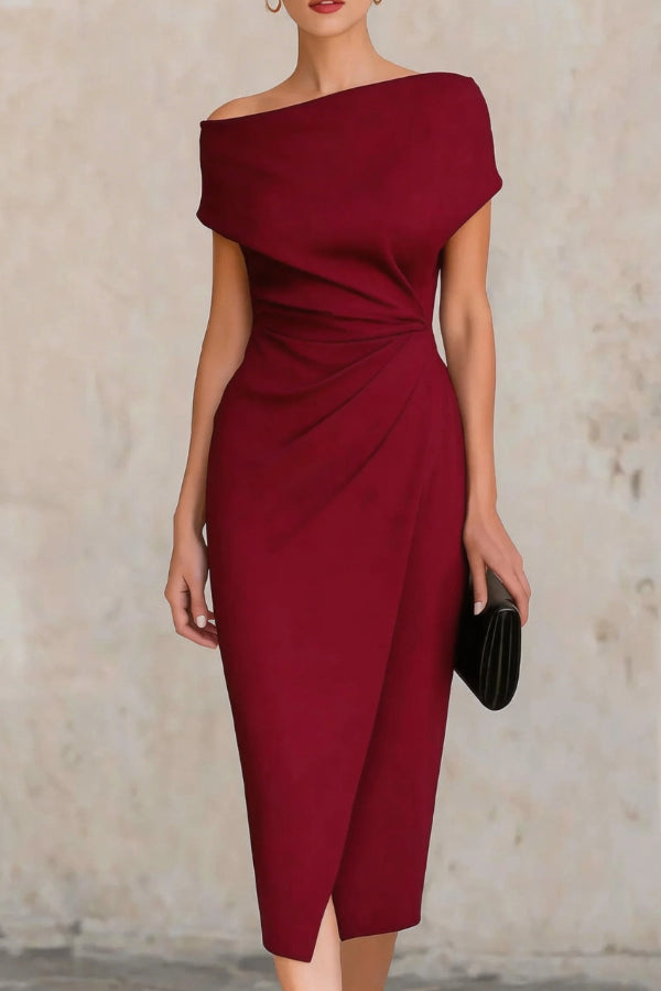 Elegante Korte Mouw Slim-fit Plissé Midi Jurk