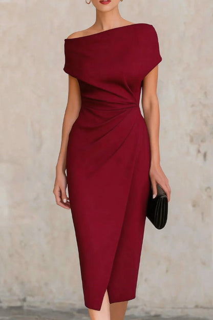 Elegante Korte Mouw Slim-fit Plissé Midi Jurk