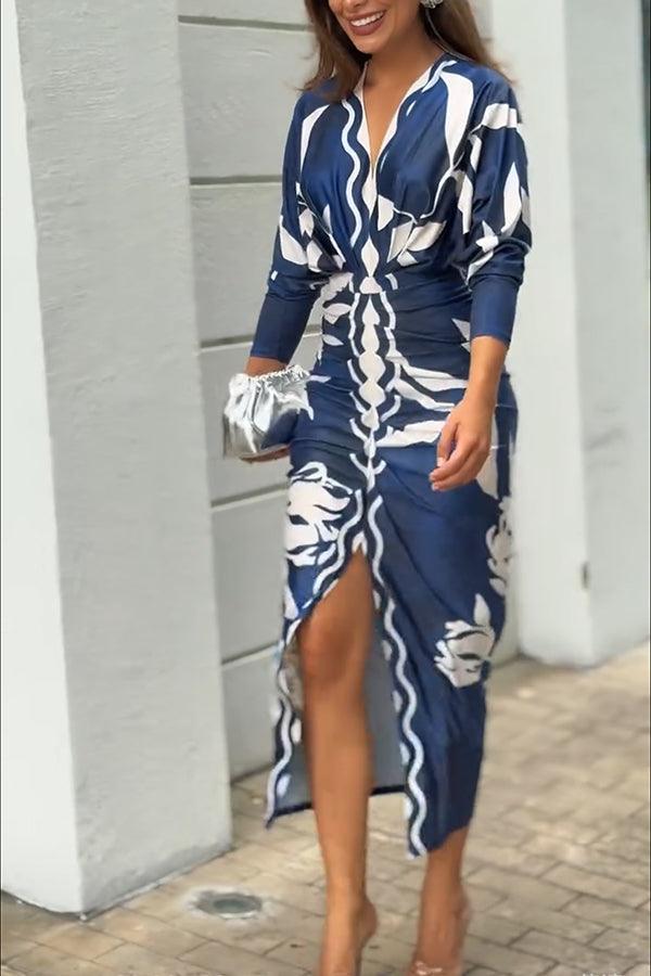 Unieke Print Dolman Lange Mouwen Rimpel Split Midi Jurk