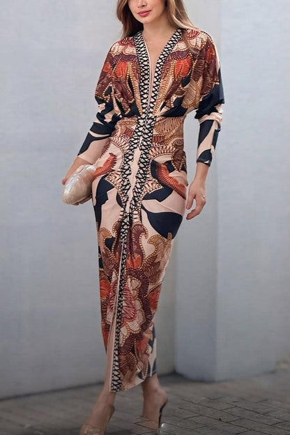 Unieke Print Dolman Lange Mouwen Rimpel Split Midi Jurk