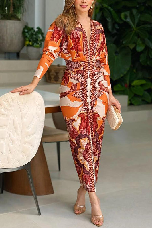 Unieke Print Dolman Lange Mouwen Rimpel Split Midi Jurk