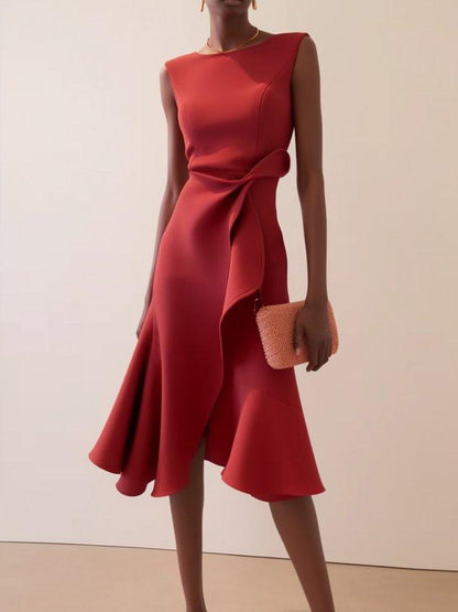 Rode Mouwloze Midi Elegante A-lijn Jurk met Taille Twist voor Dag-naar-Nacht