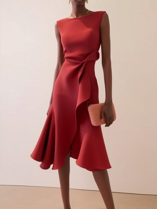 Rode Mouwloze Midi Elegante A-lijn Jurk met Taille Twist voor Dag-naar-Nacht