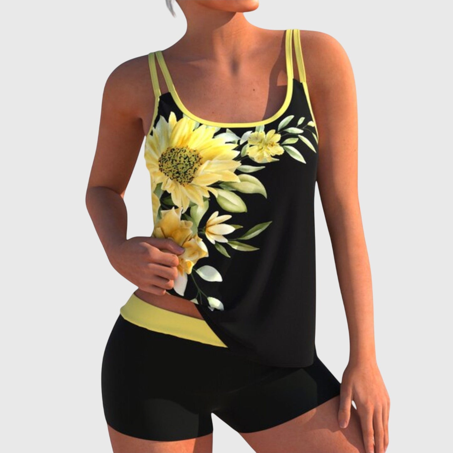 Flor – Bloemige tankini met short, effect platte buik