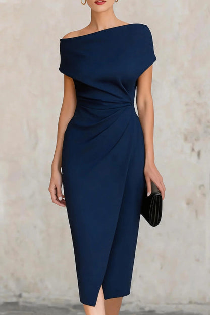 Elegante Korte Mouw Slim-fit Plissé Midi Jurk