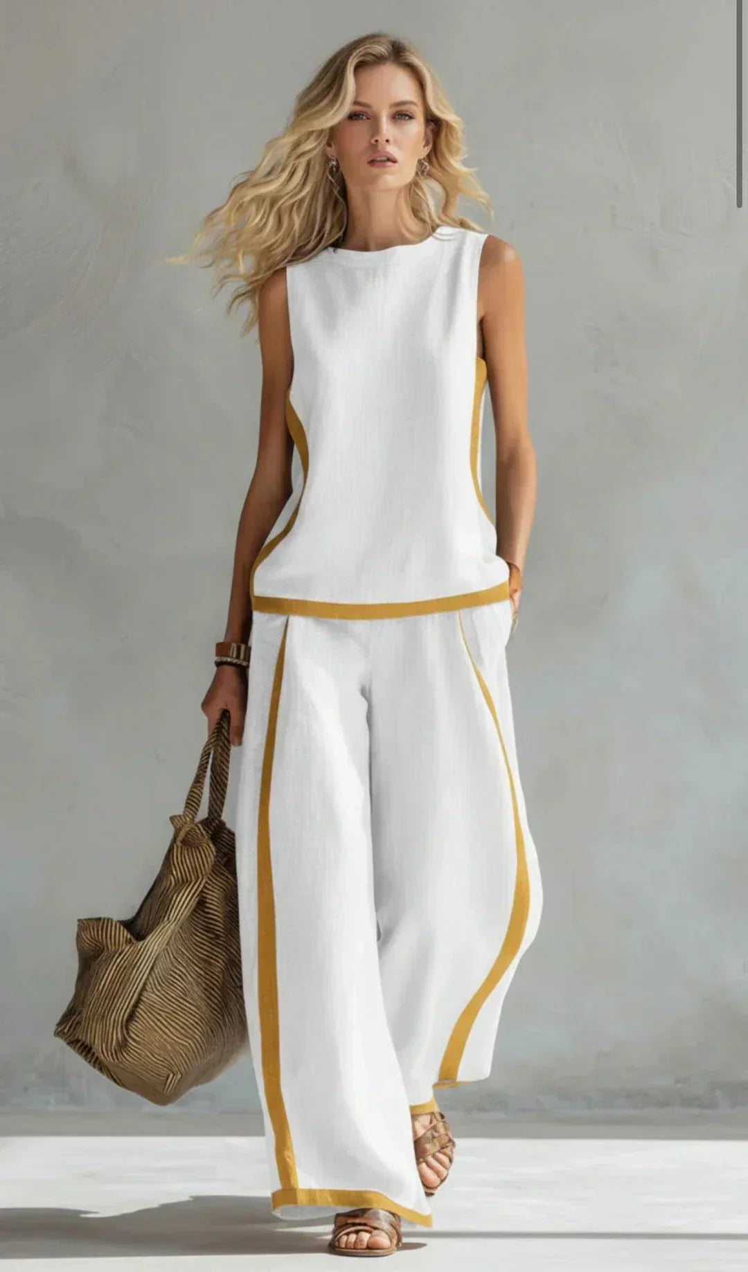 Ursula – Chic-casual gilet en broekset met bicolor afwerkingen