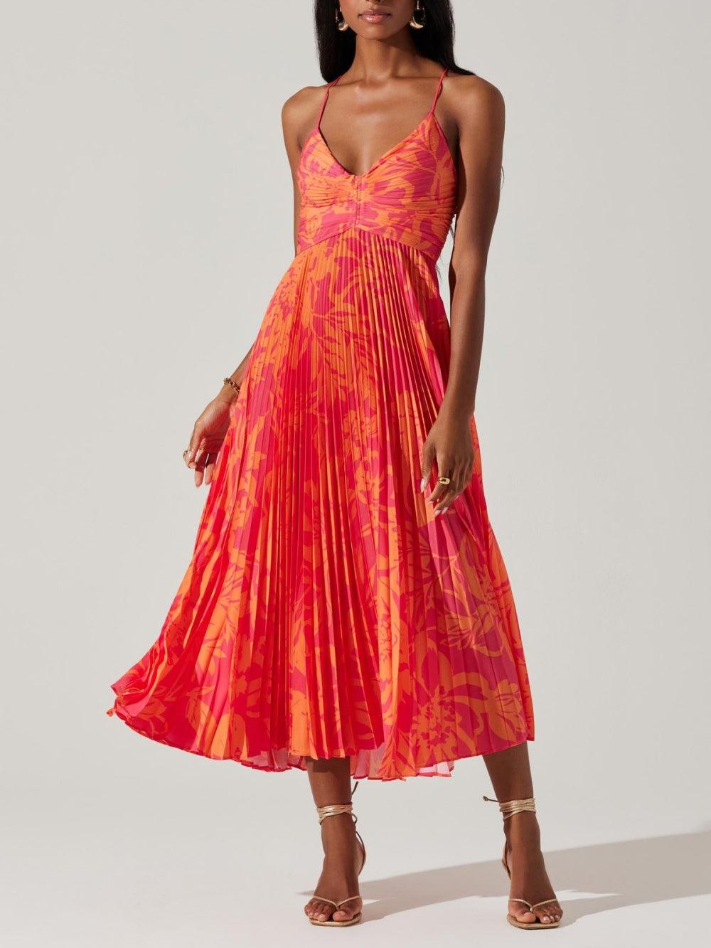 Elegante Bloemenprint Plissé Midi Jurk