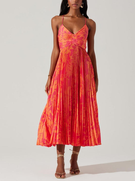 Elegante Bloemenprint Plissé Midi Jurk