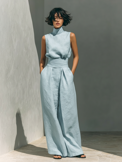 Marieta | Minimalistische set van mouwloze blouse en wijde broek