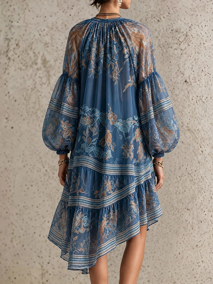 Vintage elegante gedrukte lange mouw losse mini jurk