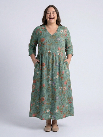 Marina | Maxi jurk met V-hals en bloemenprint met driekwartmouwen