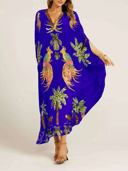Unieke Jurk met Drop Shoulder Mouwen en Kokosnootboomprint