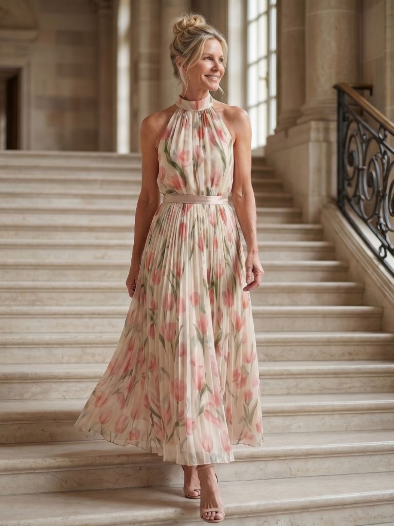 Aurelle | Midi Bloemenjurk met Halternek