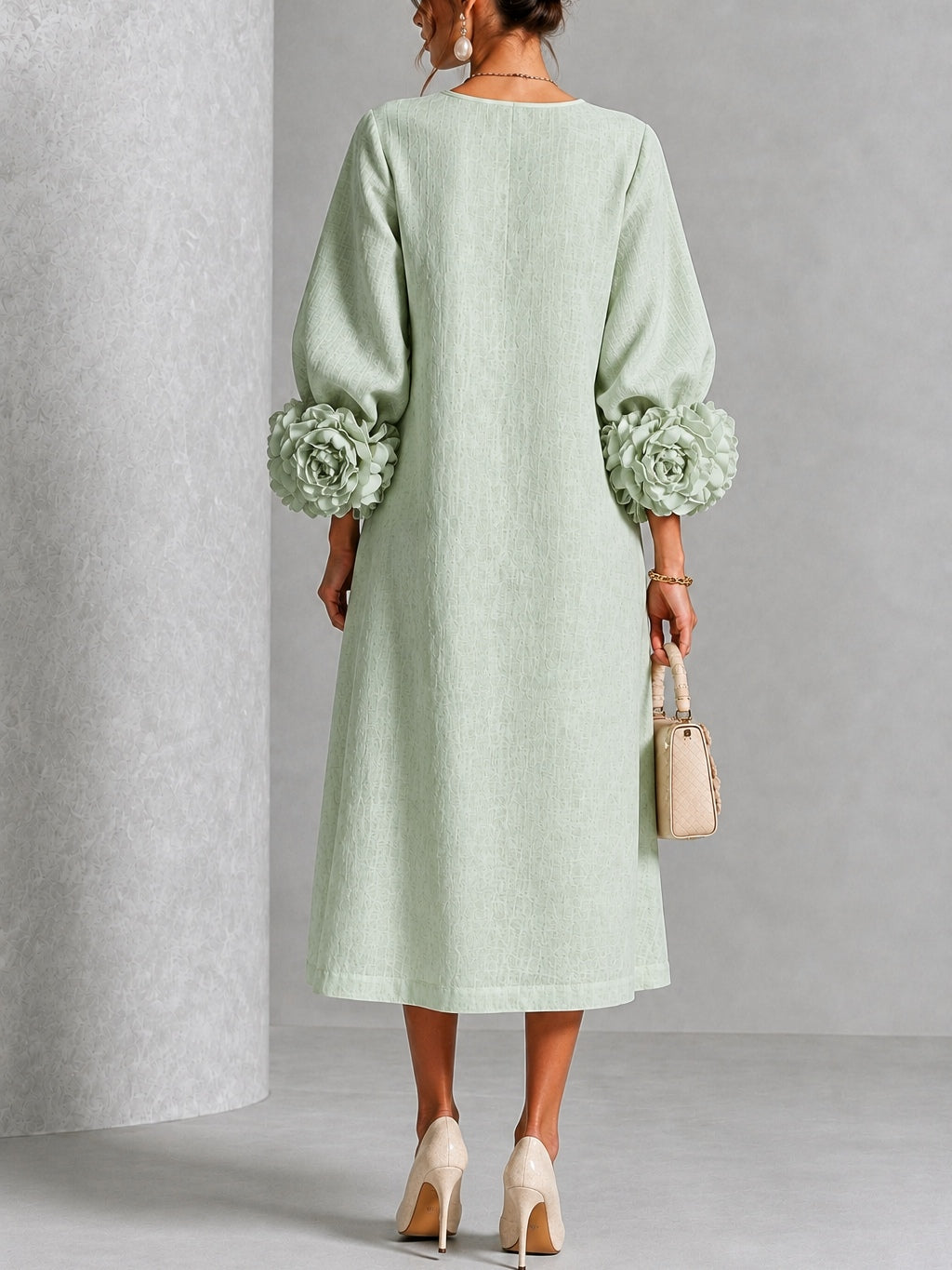 Sage Mist Bloemen Knop-down Midi Jurk Met Opvallende Bloemen Manchetten