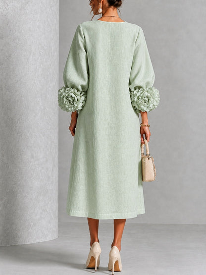 Sage Mist Bloemen Knop-down Midi Jurk Met Opvallende Bloemen Manchetten