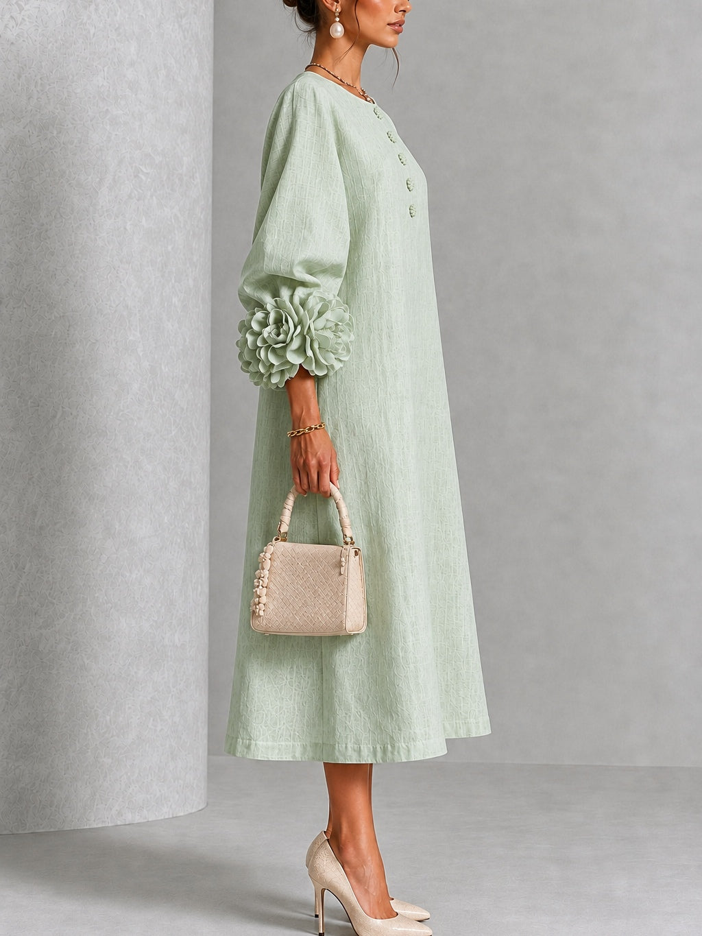 Sage Mist Bloemen Knop-down Midi Jurk Met Opvallende Bloemen Manchetten