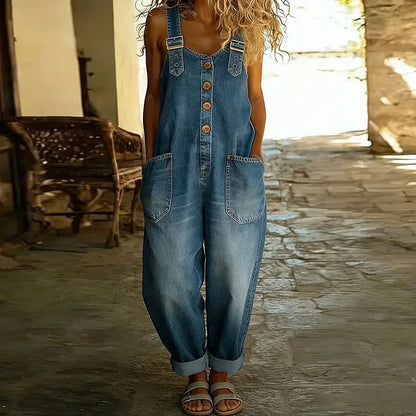 Carmen - Vintage denim jumpsuit van zacht katoen met verstelbare schouderbanden