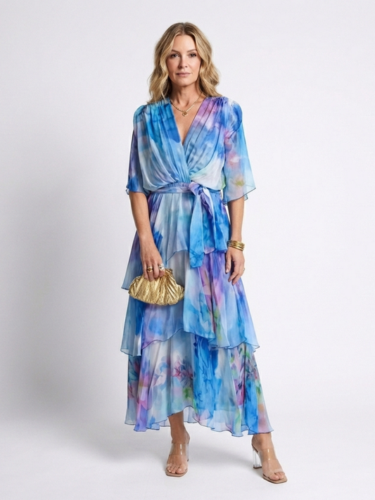 Calista | Maxi jurk van transparant materiaal met V-hals en gestrikte taille