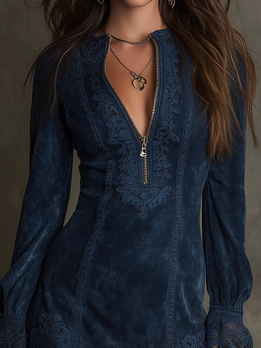 Angelina - Blauwe tuniek met borduursel en rits