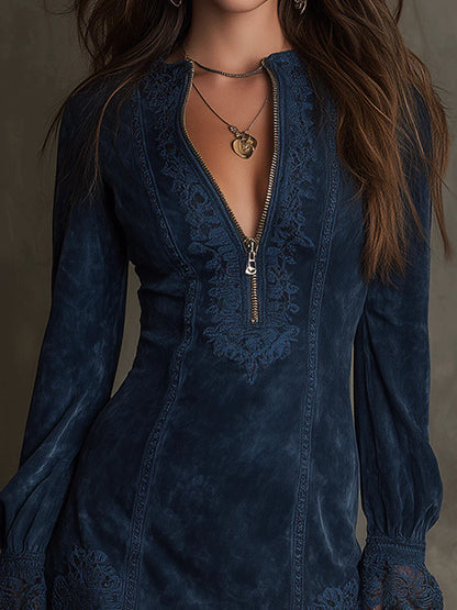 Angelina - Blauwe tuniek met borduursel en rits