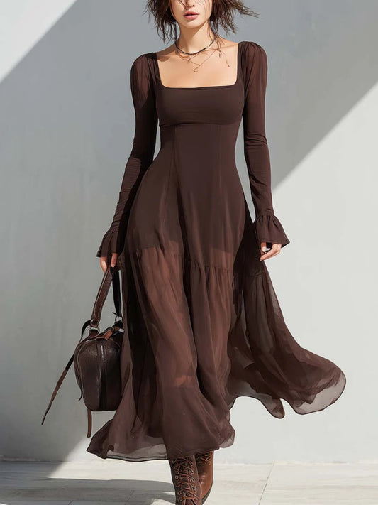 Vintage Vierkante Hals Doorzichtige Mouwen Flare Midi Jurk