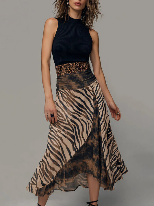Vintage Zebra Print Patchwork Mouwloze Midi Jurk