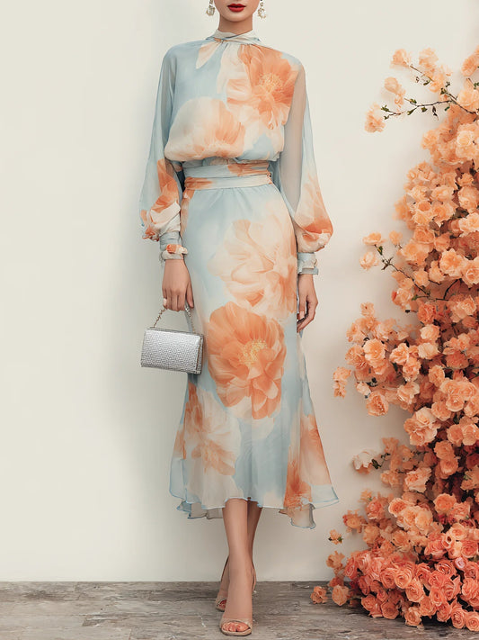 Romantische Bloemen Mock Neck Lange Mouwen Top Met Rok Twee-delige Set
