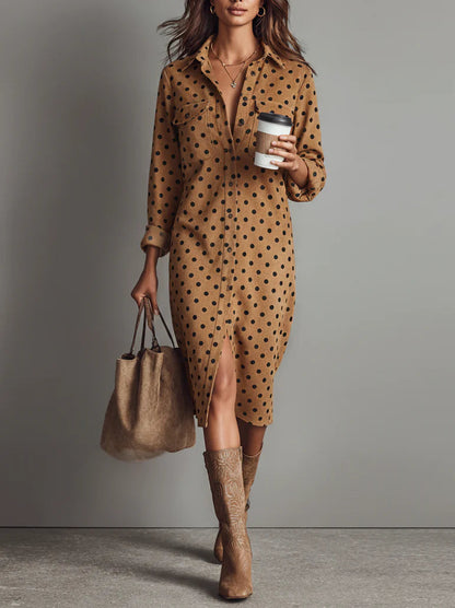 Polka Dot Faux Suede Hemd Midi Jurk