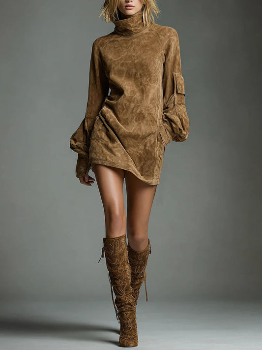 Manon - Losse minijurk van suede met hoge hals