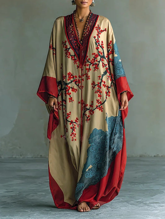 Ania - Japanse Rode Prunusblossom Maxi-Jurk