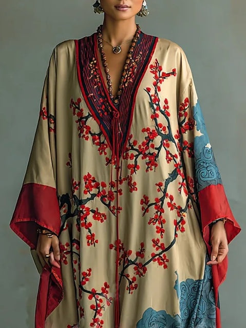 Ania - Japanse Rode Prunusblossom Maxi-Jurk