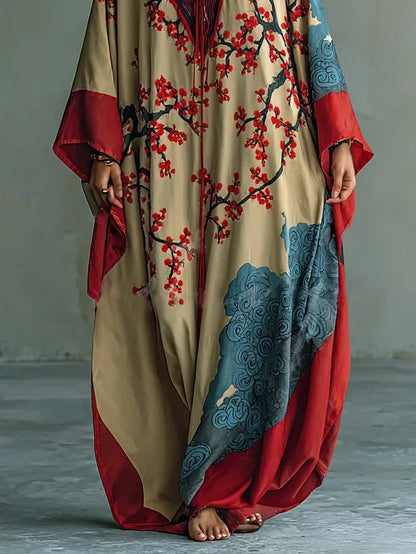 Ania - Japanse Rode Prunusblossom Maxi-Jurk